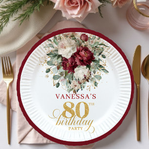 Assiettes En Carton Papier de 80e anniversaire floral or de Bourgogne 