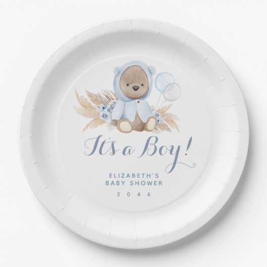 Assiettes En Carton Papier de Baby shower en laiton bleu Pampas Boho e (Devant)