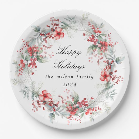 Assiettes En Carton Papier de baies de vacances d'hiver classique (Devant)