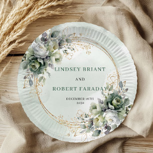 Assiettes En Carton Papier de mariage botanique vert blanc aquarelle
