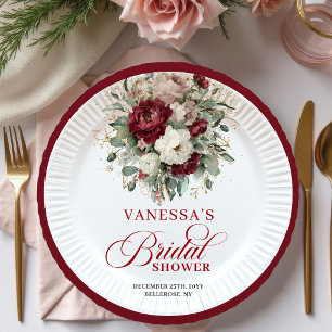 Assiettes En Carton Papier élégant bordeaux floral doré pour douche de
