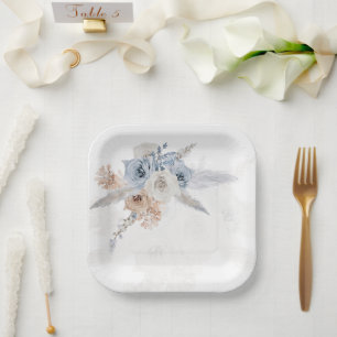 Assiettes En Carton Papier Mariage Bohème Pampas Floral Beige Bleu Pou