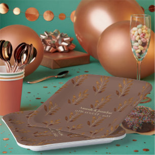 Assiettes En Carton Papier Mariage Brown café et feuille or