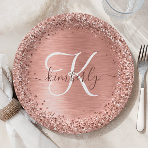 Assiettes En Carton Papier Monogramme Pailleté Métal Brossé Rose Gold