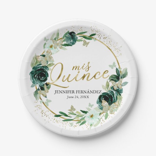 Assiettes En Carton Papier papillon Quinceanera Plaques de papier vert (Devant)