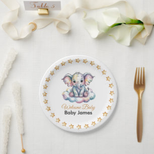 Assiettes En Carton Papier Peint Aquarelle Bébé Éléphant Bleu Baby Sho