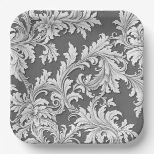 Assiettes En Carton Papier Plaque Damas Design Gris noir et blanc