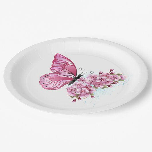 Assiettes En Carton Papillon à fleurs avec Sakura rose (Angle)