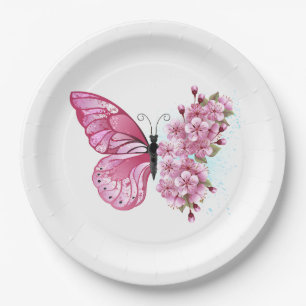 Assiettes En Carton Papillon à fleurs avec Sakura rose