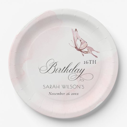 Assiettes En Carton Papillon Aquarelle Rose Bleu N'importe quel âge An (Devant)