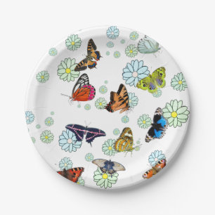 Assiettes En Carton Papillon au-dessus des marguerites bleues