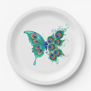 Assiettes En Carton Papillon aux plumes de paon vert