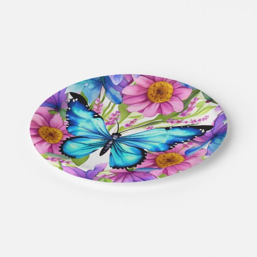 Assiettes En Carton Papillon bleu dans un champ de fleurs (Angle)
