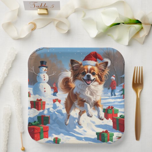 Assiettes En Carton Papillon Chien courant dans la neige avec Casquett (Mariage)