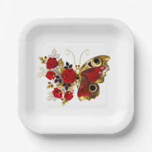 Assiettes En Carton Papillon de fleurs rouges aux roses rouges