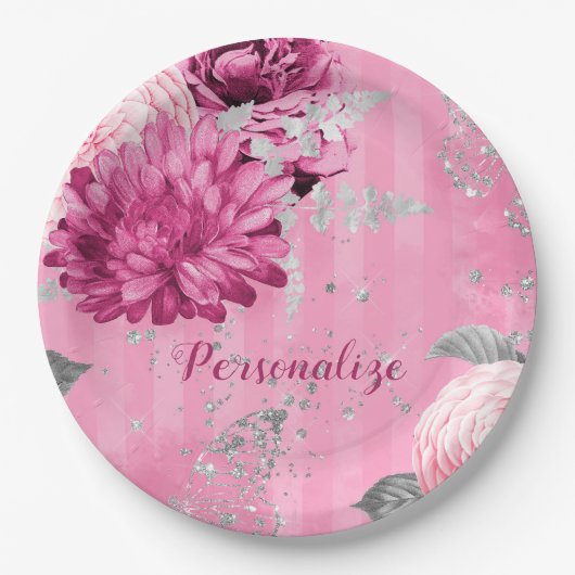 Assiettes En Carton Papillon de Parties scintillant en argent Roses ro (Devant)