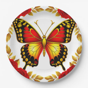 Assiettes En Carton Papillon doré avec des roses rouges et des feuille