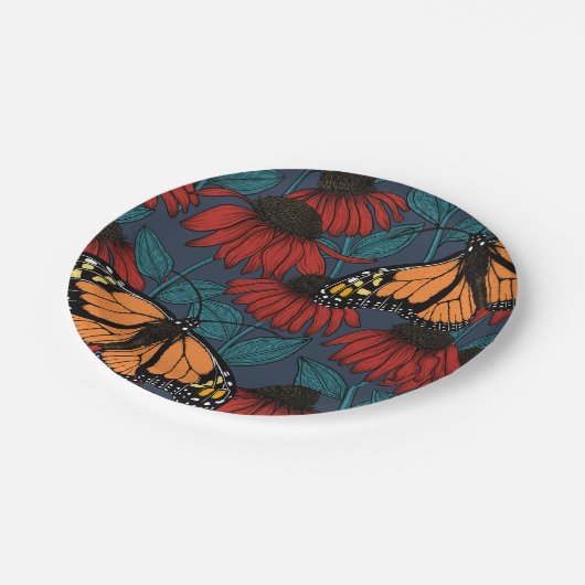 Assiettes En Carton Papillon monarque sur des fleurs rouges (Angle)