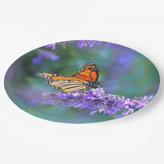 Assiettes En Carton Papillon Monarque sur Fleur violette lilas (Angle)