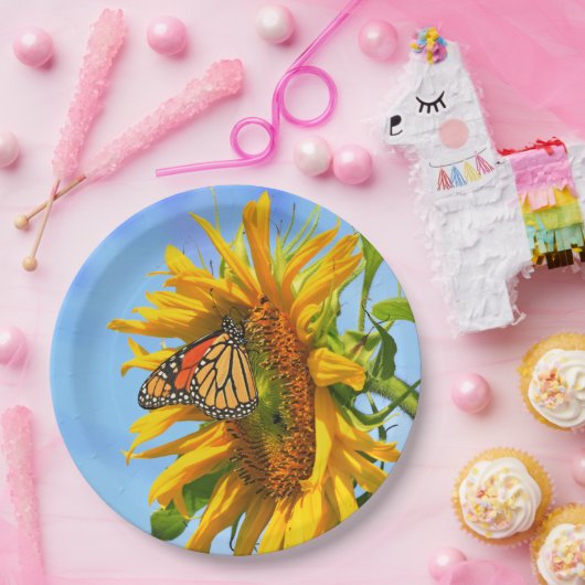 Assiettes En Carton Papillon monarque sur un tournesol (Fête)