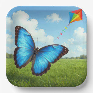 Assiettes En Carton Papillon Morpho Commun Faisant Voler un Cerf-Volan