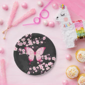 Assiettes En Carton Papillon Noir Rose Et Fleurs De Cerisiers (Fête)
