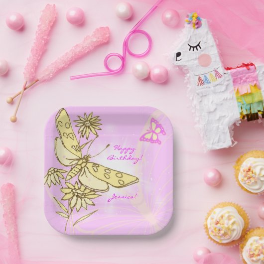 Assiettes En Carton Papillon pêche rose (Fête)