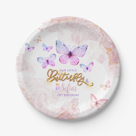 Assiettes En Carton Papillon premier anniversaire fille 1er rose viole (Devant)