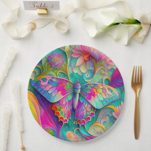 Assiettes En Carton Papillon psychédélique coloré et fleurs