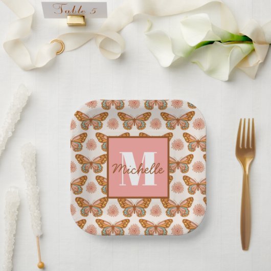 Assiettes En Carton Papillon rétro été | Plaques de papier monogramme (Mariage)