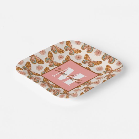 Assiettes En Carton Papillon rétro été | Plaques de papier monogramme (Angulaire)
