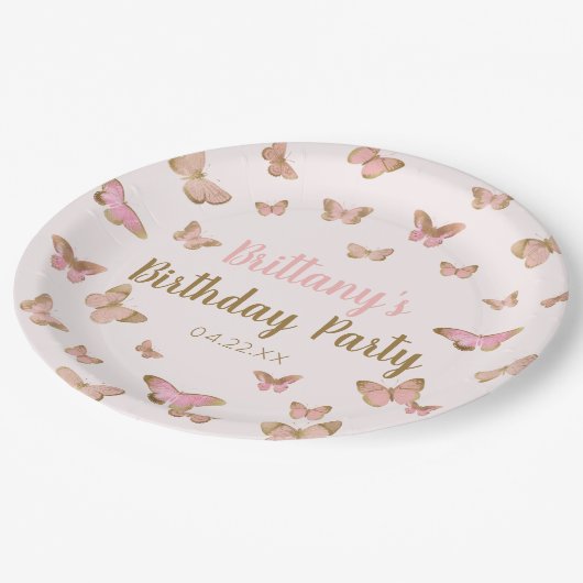 Assiettes En Carton Papillon rose Brown à thème fête d'anniversaire (Angle)