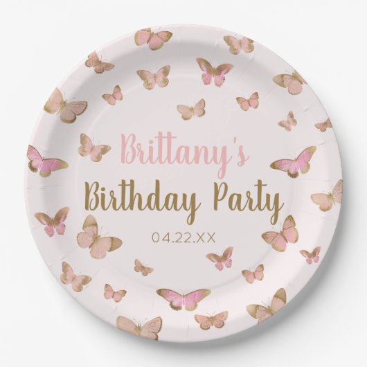 Assiettes En Carton Papillon rose Brown à thème fête d'anniversaire (Devant)