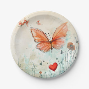 Assiettes En Carton Papillon rose et Coeur rouge