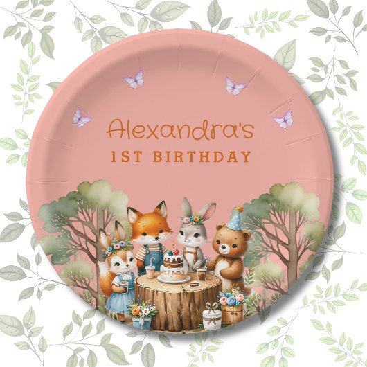 Assiettes En Carton Papillon rose Fille Bois Animaux 1er anniversaire
