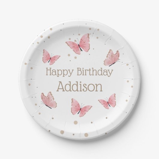 Assiettes En Carton Papillon rose Plaques papier d'anniversaire (Devant)