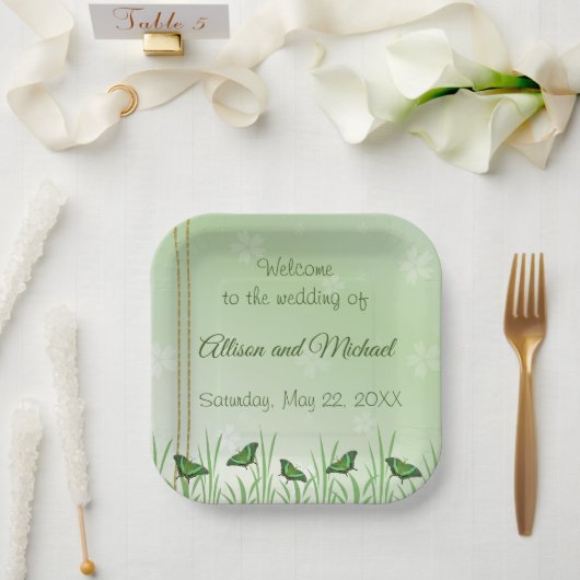 Assiettes En Carton Papillon vert sur vert clair - mariage (Mariage)