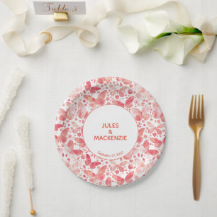 Assiettes En Carton Papillons Aquarelle moderne Coral Mariage rose