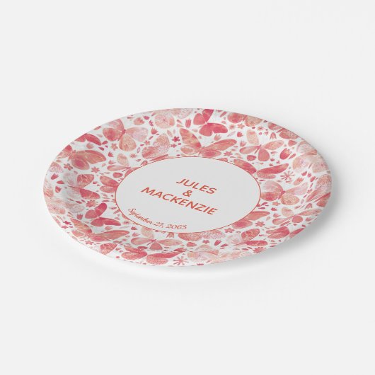 Assiettes En Carton Papillons Aquarelle moderne Coral Mariage rose (Angle)