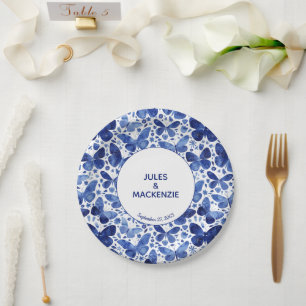 Assiettes En Carton Papillons Aquarelle moderne Indigo Mariage bleu