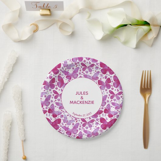 Assiettes En Carton Papillons Aquarelle moderne Magenta Mariage rose (Mariage)