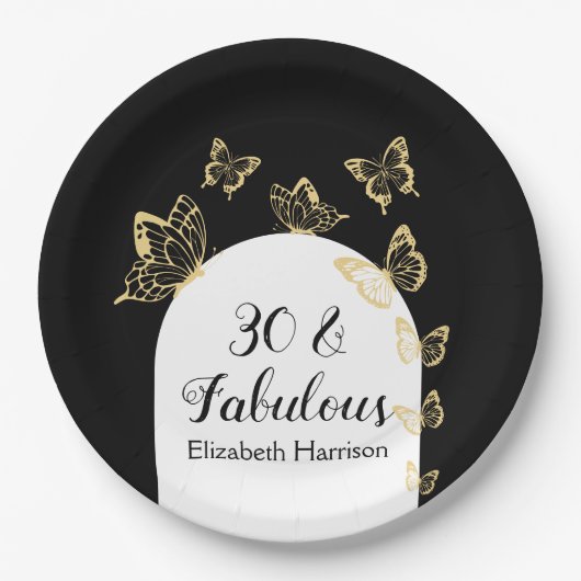 Assiettes En Carton Papillons Black Gold moderne Fabuleux anniversaire (Devant)