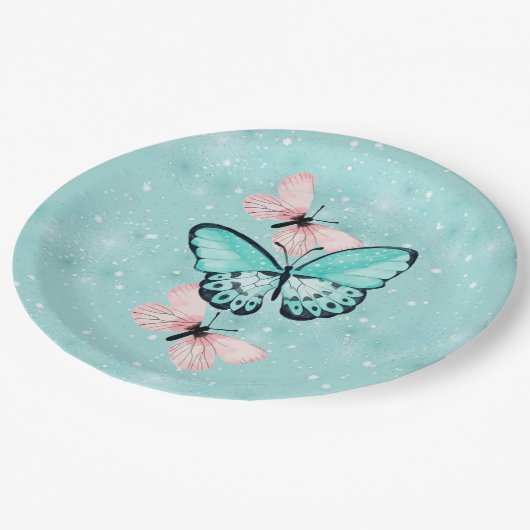 Assiettes En Carton Papillons bleus et roses en pastel (Angle)