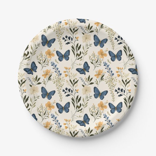 Assiettes En Carton Papillons bleus et verdure (Devant)
