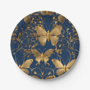 Assiettes En Carton Papillons bleus métalliques avec Vins d'or