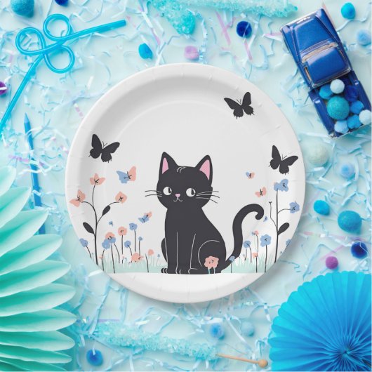 Assiettes En Carton Papillons d'observation des chats noirs (Fête)