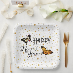 Assiettes En Carton Papillons Élégants & Étoiles Blanc Bonne année