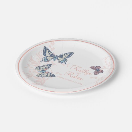 Assiettes En Carton Papillons encrés corail blanc art mariage (Angle)