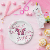 Assiettes En Carton Papillons Et Fleurs De Cerisiers Rose Blanc (Fête)