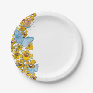 Assiettes En Carton Papillons et Fleurs Pastel Bleu et Jaune